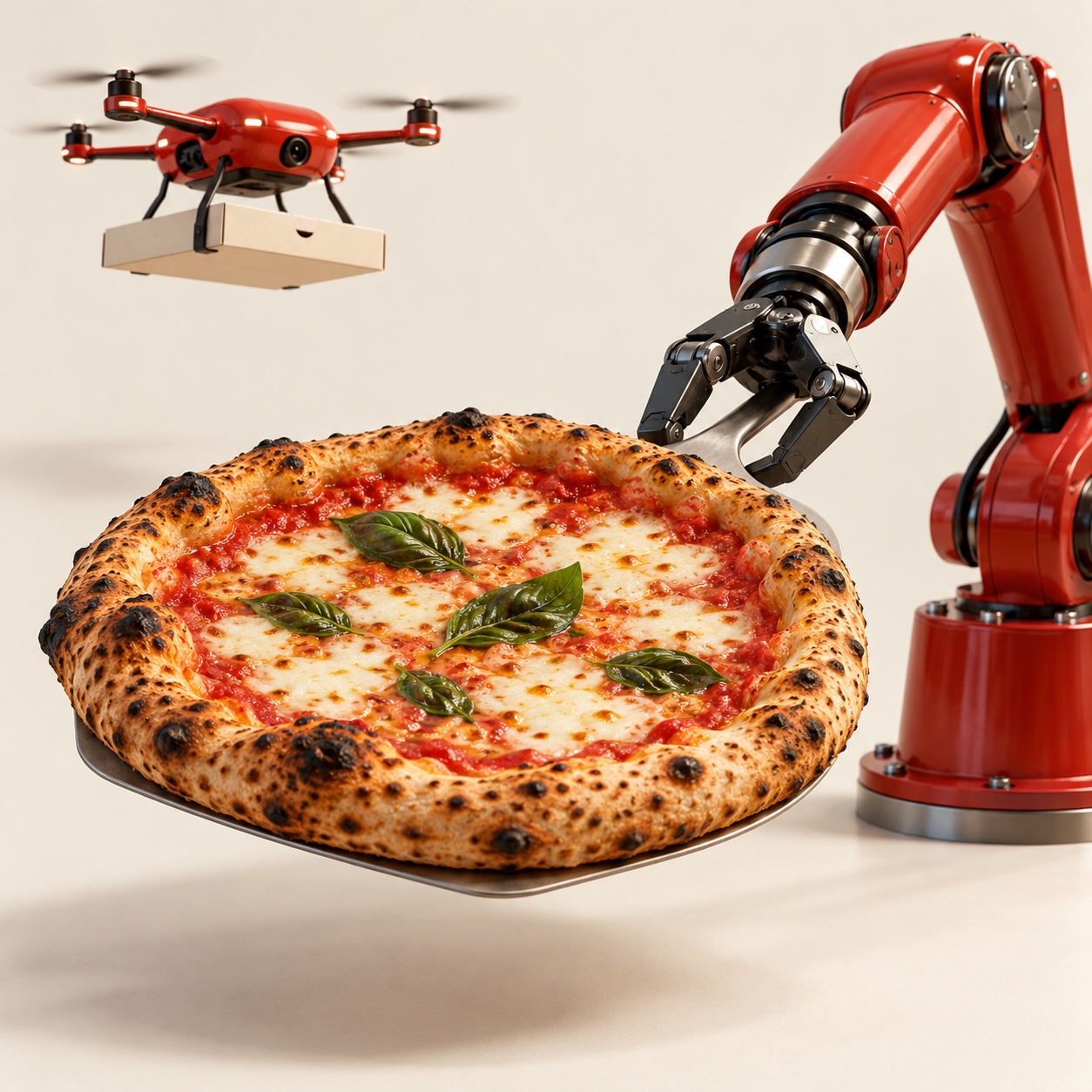 A red robot arm serving a freshly baked pizza while a delivery drone carries a pizza box overhead